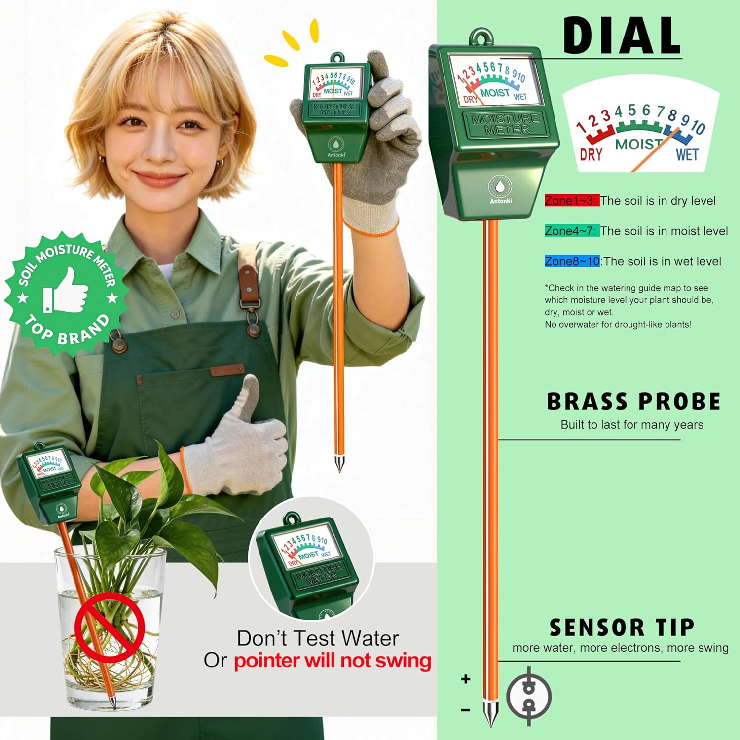 Antonki 2 Pack Soil Moisture Meter, Plant Water Meter for Gardening, Farming, Soil Tester Hygrometer Sensor for Indoor Outdoor House Plants, Flower, Lawn - No Battery Required