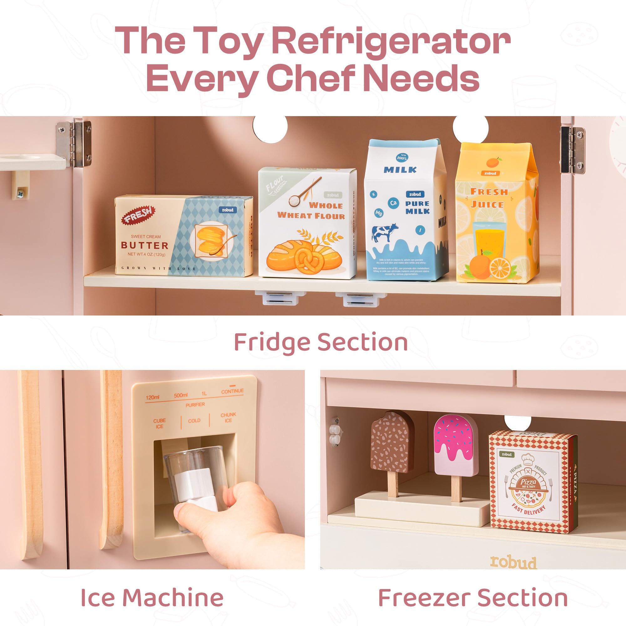 ROBUD Wooden Play Kitchen Fridge, Toy Kitchen Refrigerator, Kids Fridge Freezer Set with Ice Maker, Kitchen Playset Gift for Kids & Toddlers, Age 3+ (Caramel)