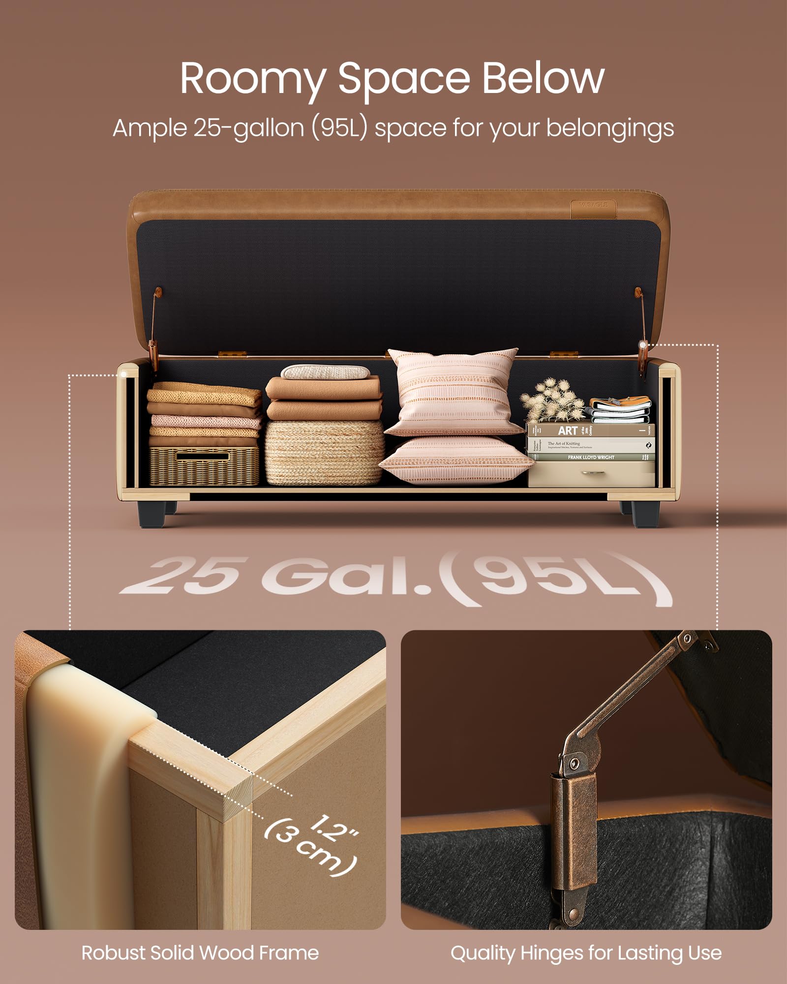 VASAGLE EKHO Collection - Storage Ottoman Bench, Entryway Bedroom Bench, 15 Gallons, Synthetic Leather with Stitching, Mid-Century Modern, Safety Hinges, Loads 660 lb, Caramel Brown ULOM074K01