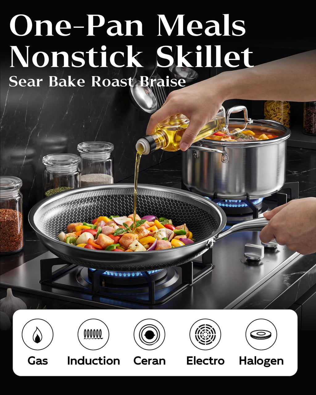 Nonstick Frying Pan with Lid 7-Inch, Durable Stainless Steel Skillet, Induction & Oven Safe 500°F, PFOA-Free Scratch-Proof, Dishwasher Safe, Stay-Cool Handle, Silver Kitchen Cookware