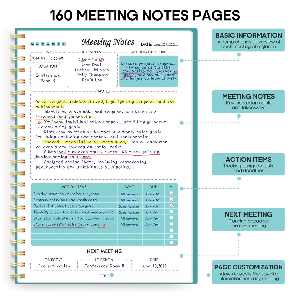 Meeting Notebook for Work Organization - Work Planner Notebook with Action Items, Agenda Planner for Note Taking, 160 Pages (6.9" X 9.9") Project Organizer for Men & Women - Pink