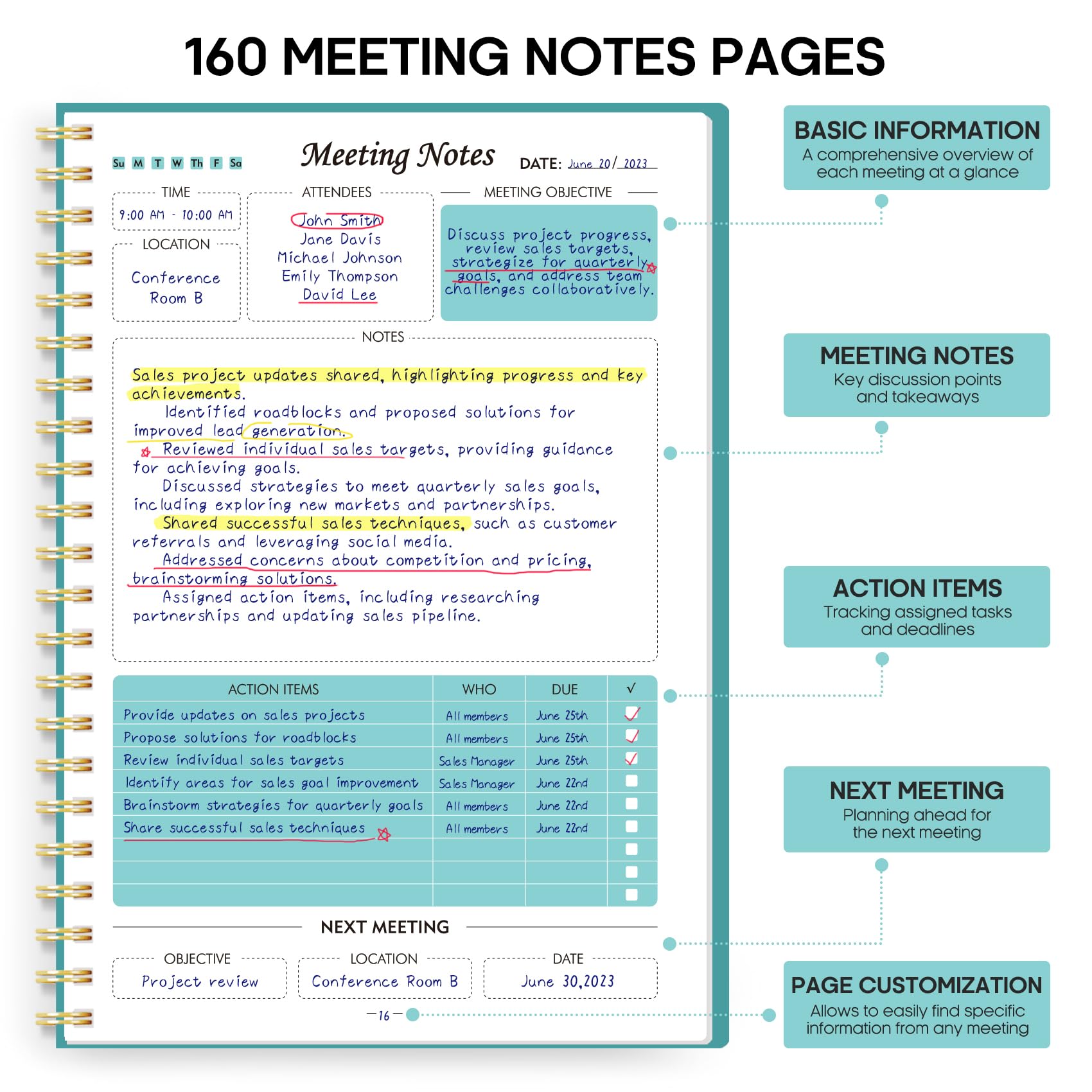 Meeting Notebook for Work Organization - Work Planner Notebook with Action Items, Agenda Planner for Note Taking, 160 Pages (6.9" X 9.9") Project Organizer for Men & Women - Pink