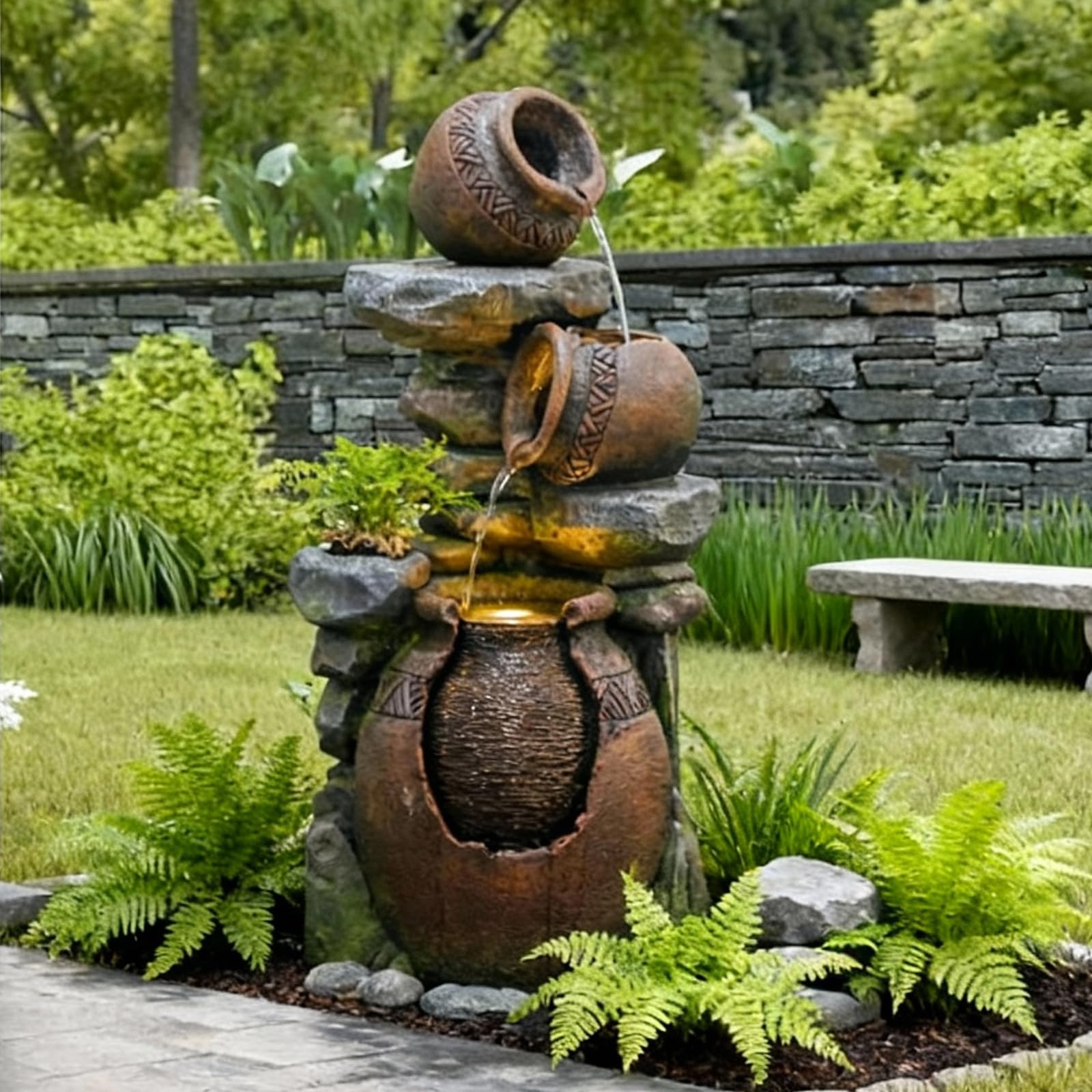 Bumilgar 2-Tier Bowl Water Fountain with LED Lights, 27.95" Tall Freestanding Outdoor & Indoor Garden Waterfall Fountain for Yard, Patio, Backyard, Floor Standing Home Decor