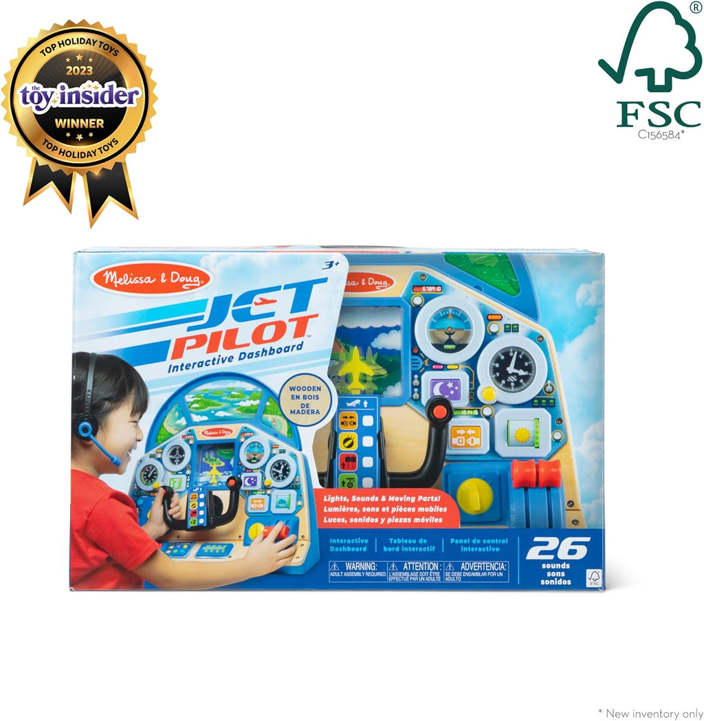 Melissa & Doug Jet Pilot Interactive Dashboard Wooden Toy for Boys and Girls Ages 3+ Cockpit Steering Wheel Pretend to Fly Experience, Fidget Buttons - FSC Certified
