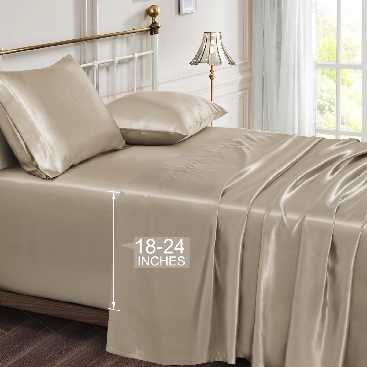 Vonty Extra Deep Pocket Full Sheet Sets - Cooling & Silky Satin Full Size Sheets with 18-24 Inch Deep Pocket, Black Satin Bed Sheets Fit Up to 24" Deep Mattress - 4 Piece Set