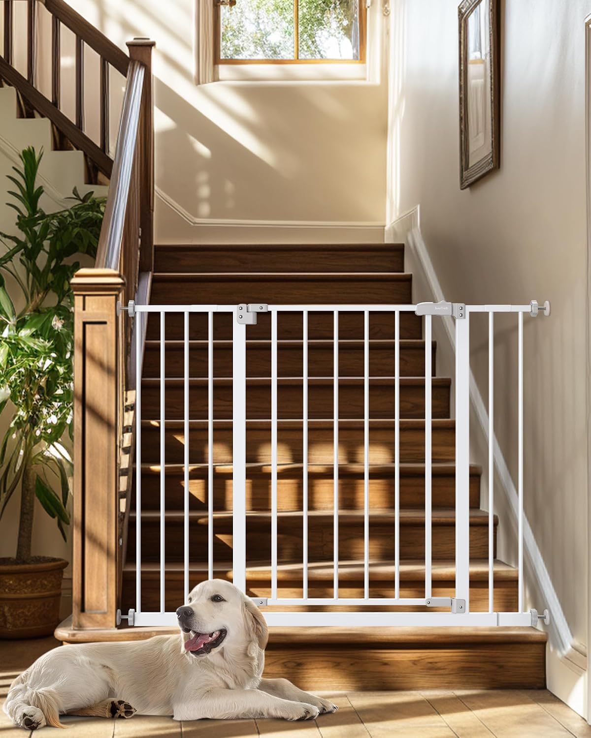InnoTruth Baby Gate for Stairs 28.9-42.1" Wide, 30" Tall Easy Step Walk Through Expandable Dual Lock Dog Gates for the House, Metal Pressure Mounted Easy Install Pet Gate for Dogs, White