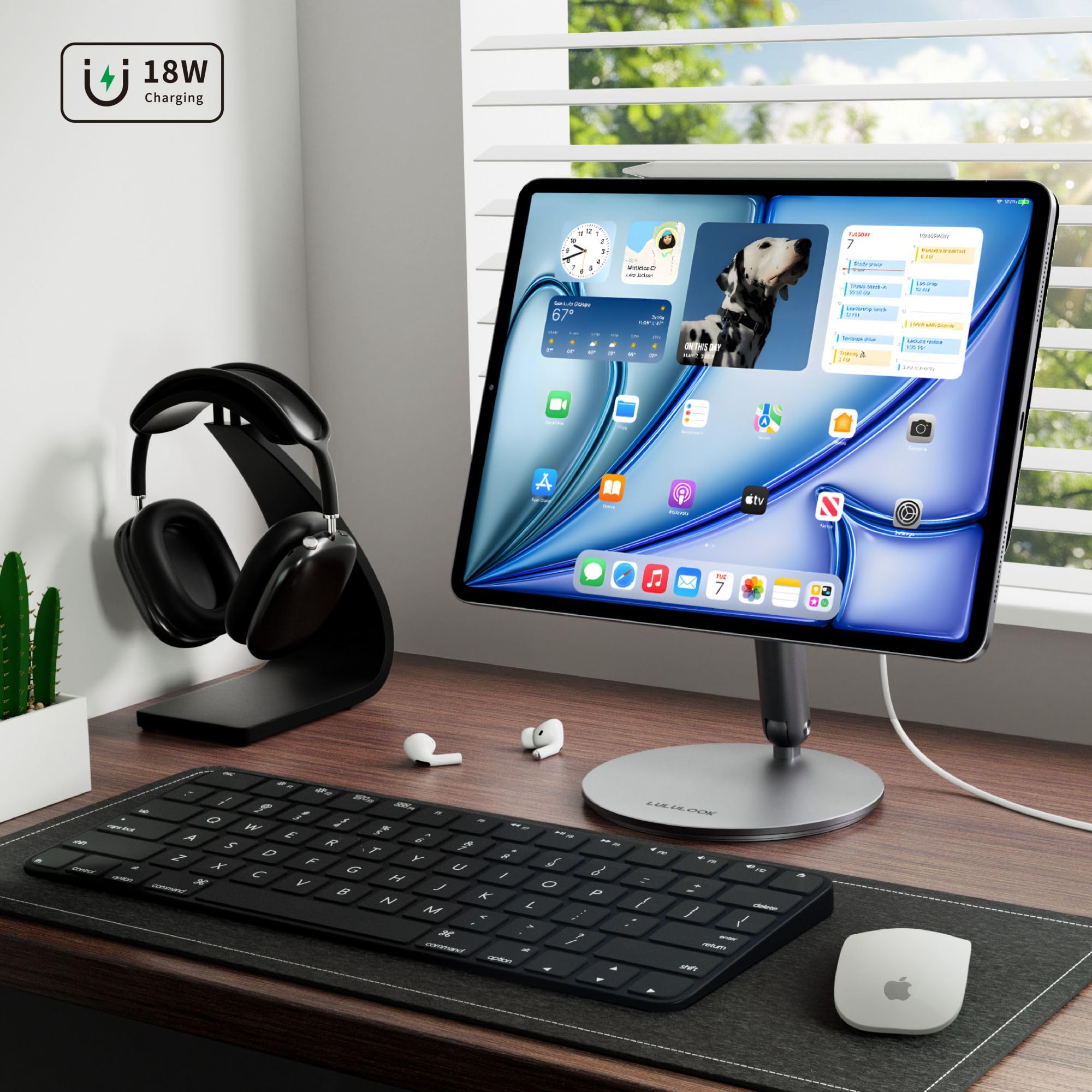 LULULOOK [Upgrade Magnetic Wireless Charging Stand for iPad Air 11" M4 (2026)/M3/M2, Foldable Aluminum Alloy iPad Pro Desk Stand with 360° Rotating Base for Pro 11" 1st/2nd/3rd/4th, Air 10.9 4th/5th