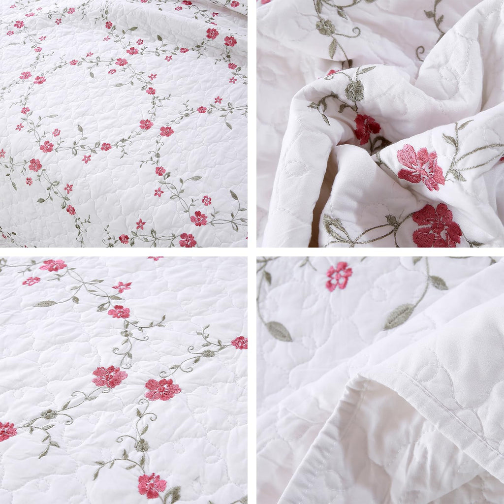 vctops 3-Piece Floral Embroidered Bedspread Coverlet Set Twin Size 100% Cotton Reversible Patchwork 1 Quilt and 2 Pillow Shams (Flower,Twin)