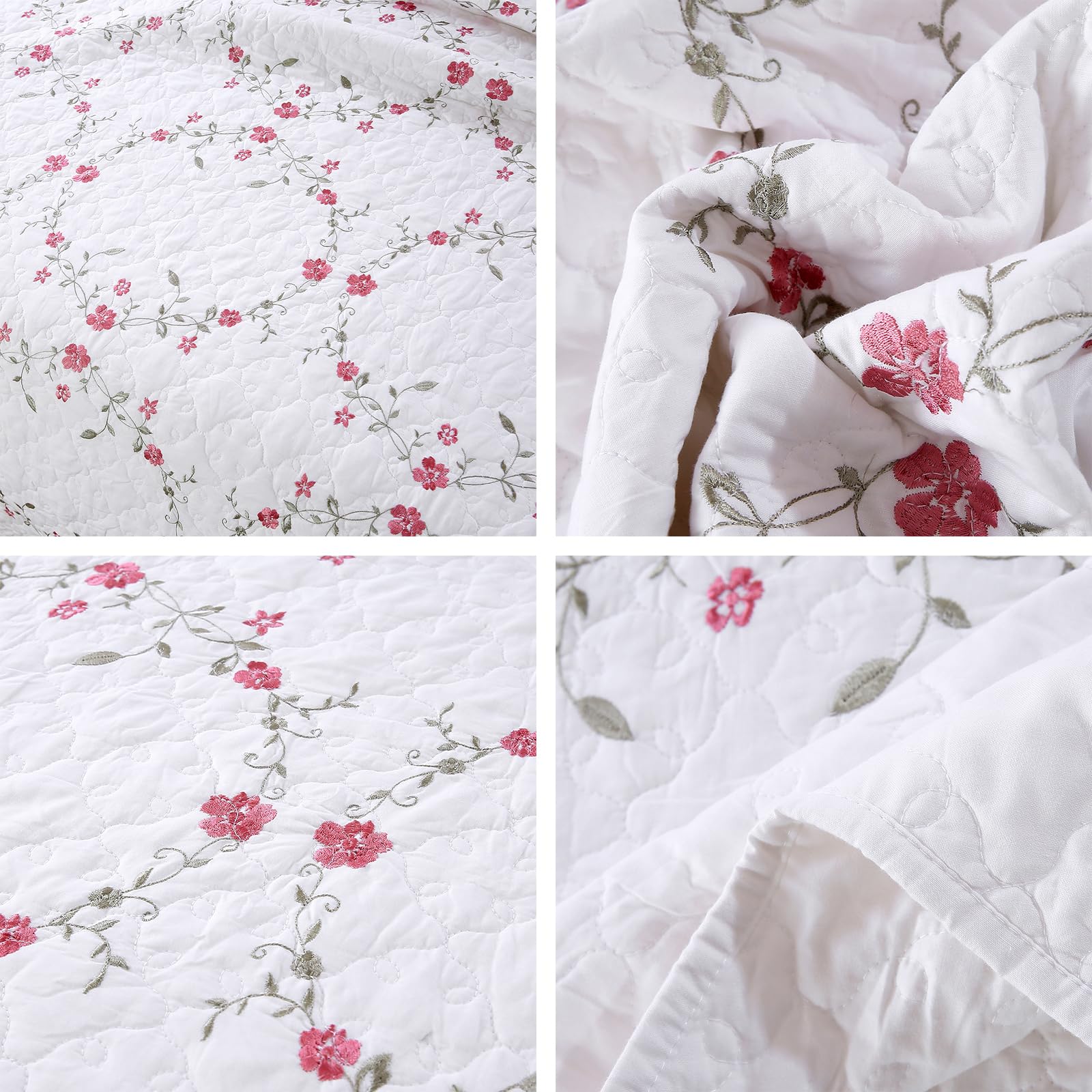 vctops 3-Piece Floral Embroidered Bedspread Coverlet Set Twin Size 100% Cotton Reversible Patchwork 1 Quilt and 2 Pillow Shams (Flower,Twin)