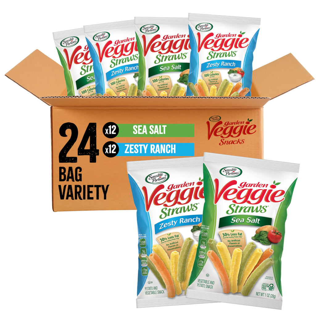 Sensible Portions Garden Veggie Snacks - Veggie Straws, Snack Size Variety Pack, Sea Salt & Zesty Ranch, 1 Oz (Pack of 24)