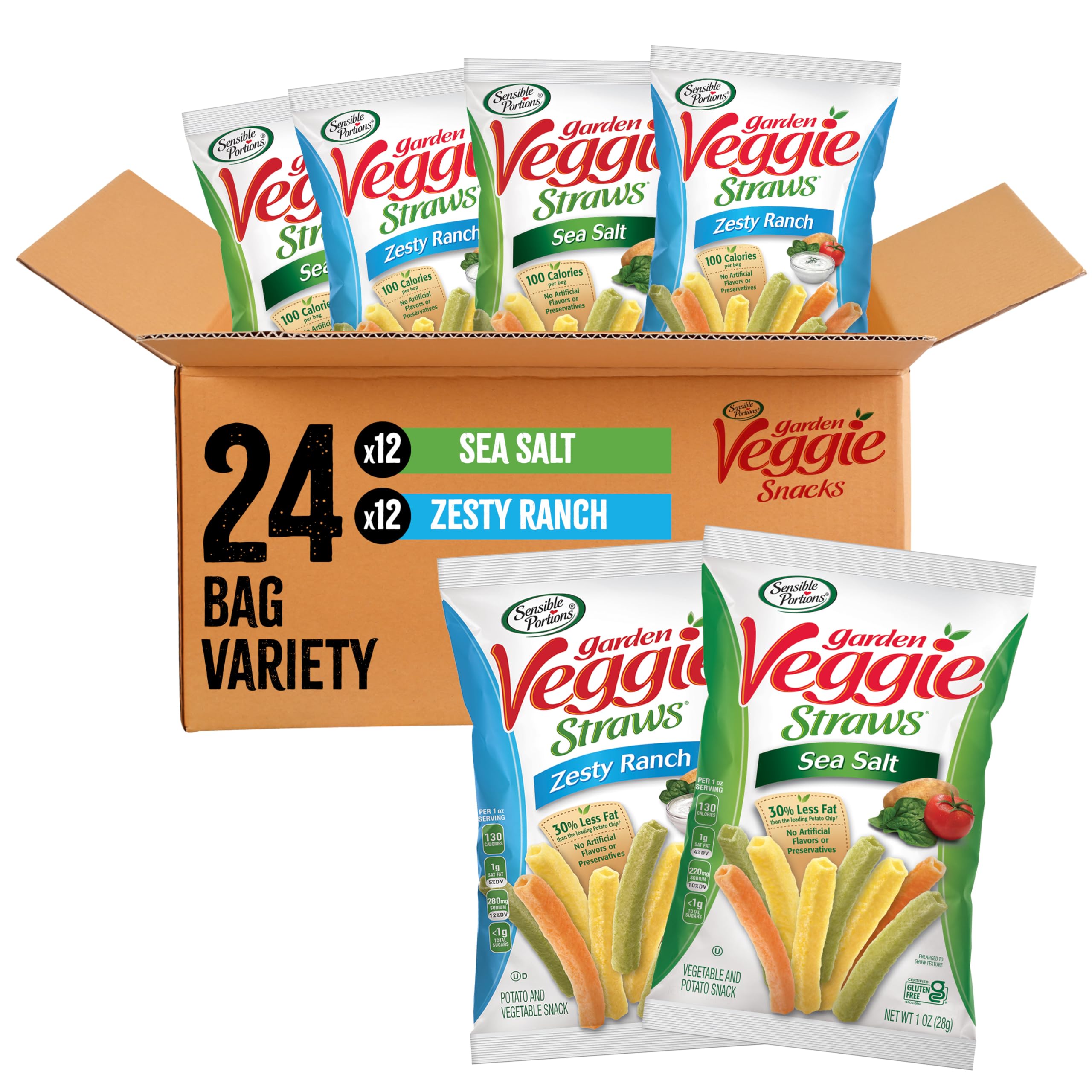 Sensible Portions Garden Veggie Snacks - Veggie Straws, Snack Size Variety Pack, Sea Salt & Zesty Ranch, 1 Oz (Pack of 24)