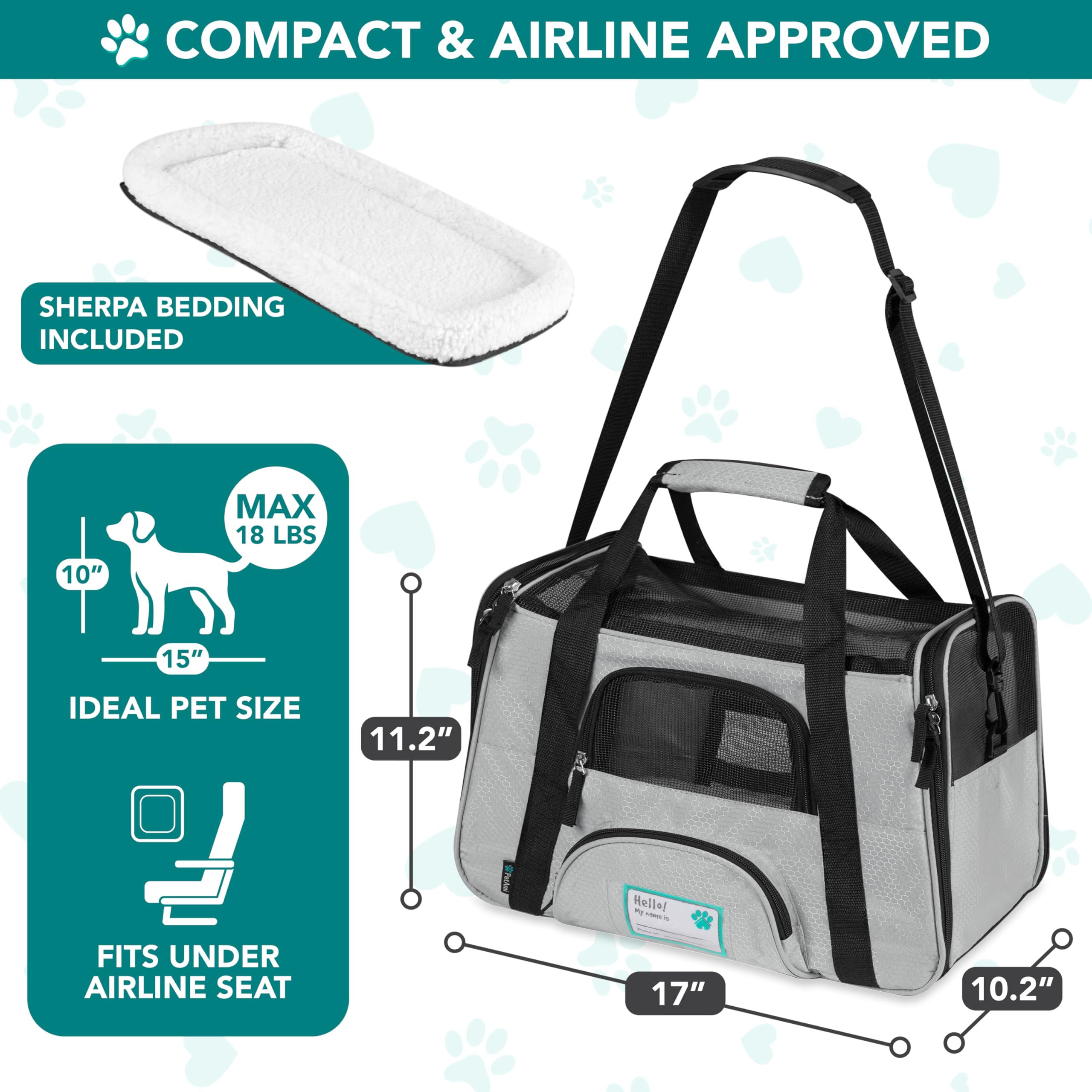 PetAmi Airline Approved Pet Carrier for Cats & Small Dogs, Soft Sided TSA Travel Carrier Bag with Sherpa Bed, Breathable Mesh Ventilation, Collapsible Bowl, Fits Under Seat, Up to 18 lbs, Small Black