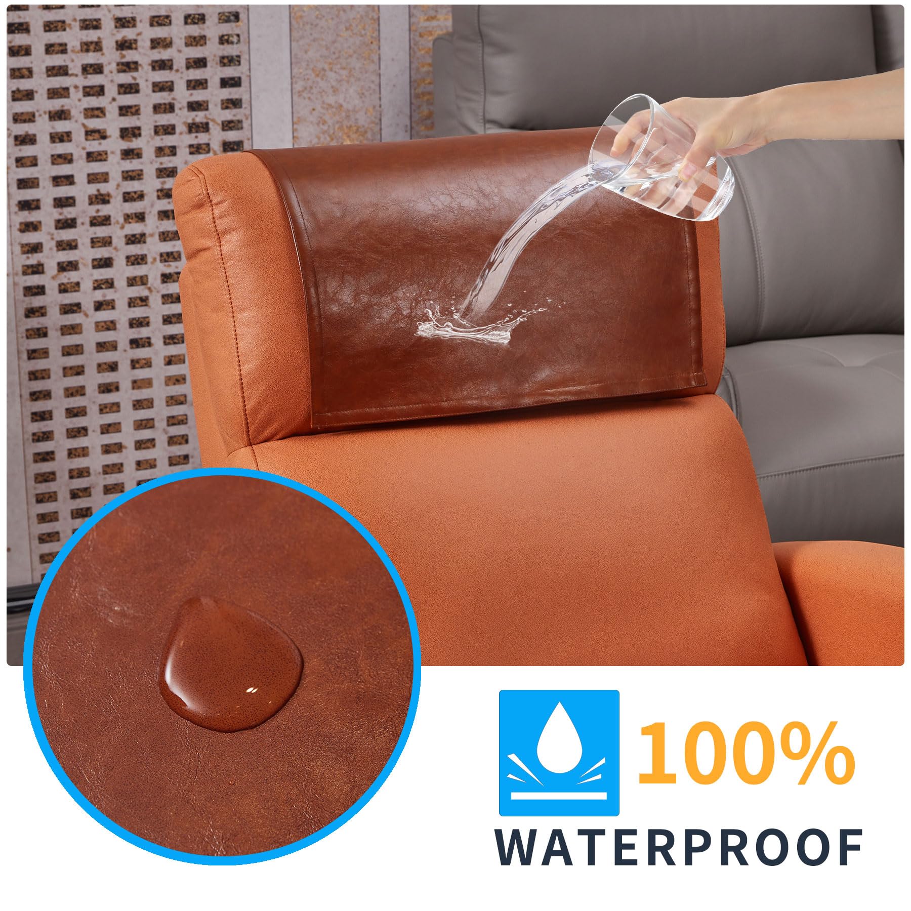 Non Slip Recliner Headrest Protector Washable Faux Leather Headrest Covers for Recliner Chair Waterproof Couch Head Rest Covers for Sofa,Furniture,Office Chair,Theater Seat (Beige)