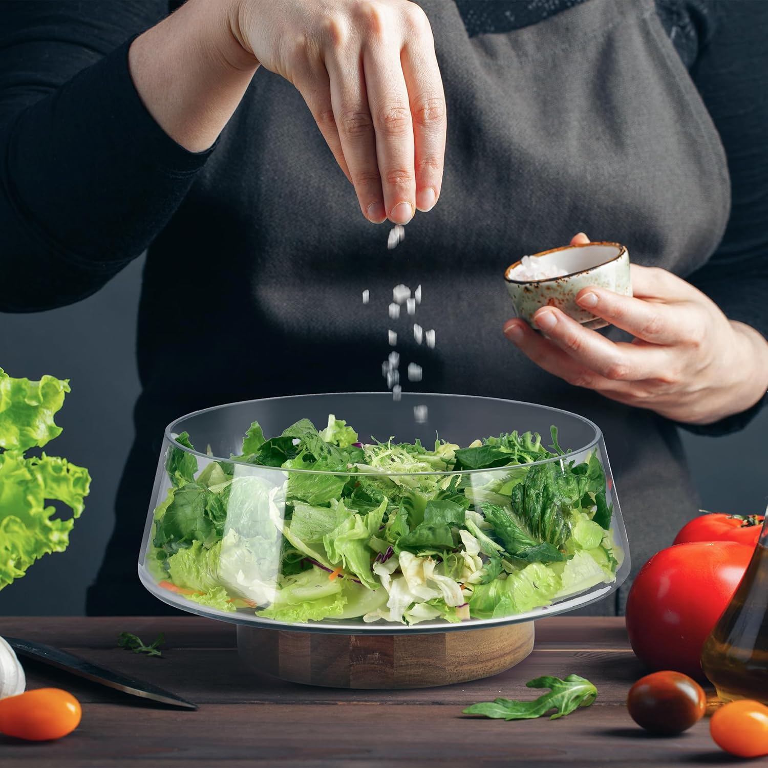 KITEISCAT Extra Large Glass Salad Bowl Set - Party Salad Bowls with Acacia Wood Base and Serving Utensils - Elegant and Practical Kitchen Must-Have