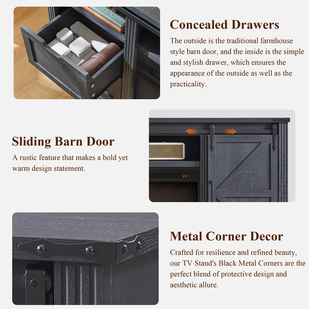 JXQTLINGMU Farmhouse TV Stand for 75+ Inch TV, 32" Tall Entertainment Center w/4 Drawers & Sliding Barn Door, Rustic Media Console w/Storage Shelves, 66" Wood Television Stand for Living Room, Black