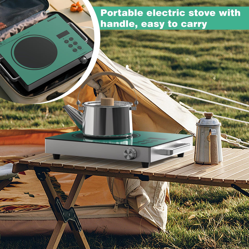 Karinear Portable Electric Stove 110V, 1800W Electric Hot Plate with Handle, Knob Control Single Burner Electri Cooktop, Ceramic Infrared Countertop Burner, Timer, Safety Lock(Green)