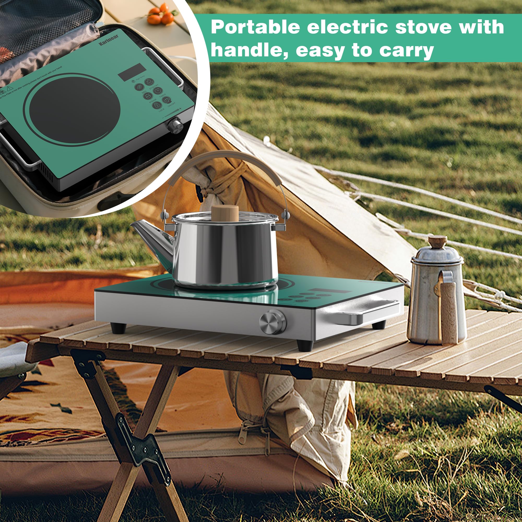 Karinear Portable Electric Stove 110V, 1800W Electric Hot Plate with Handle, Knob Control Single Burner Electri Cooktop, Ceramic Infrared Countertop Burner, Timer, Safety Lock(Green)
