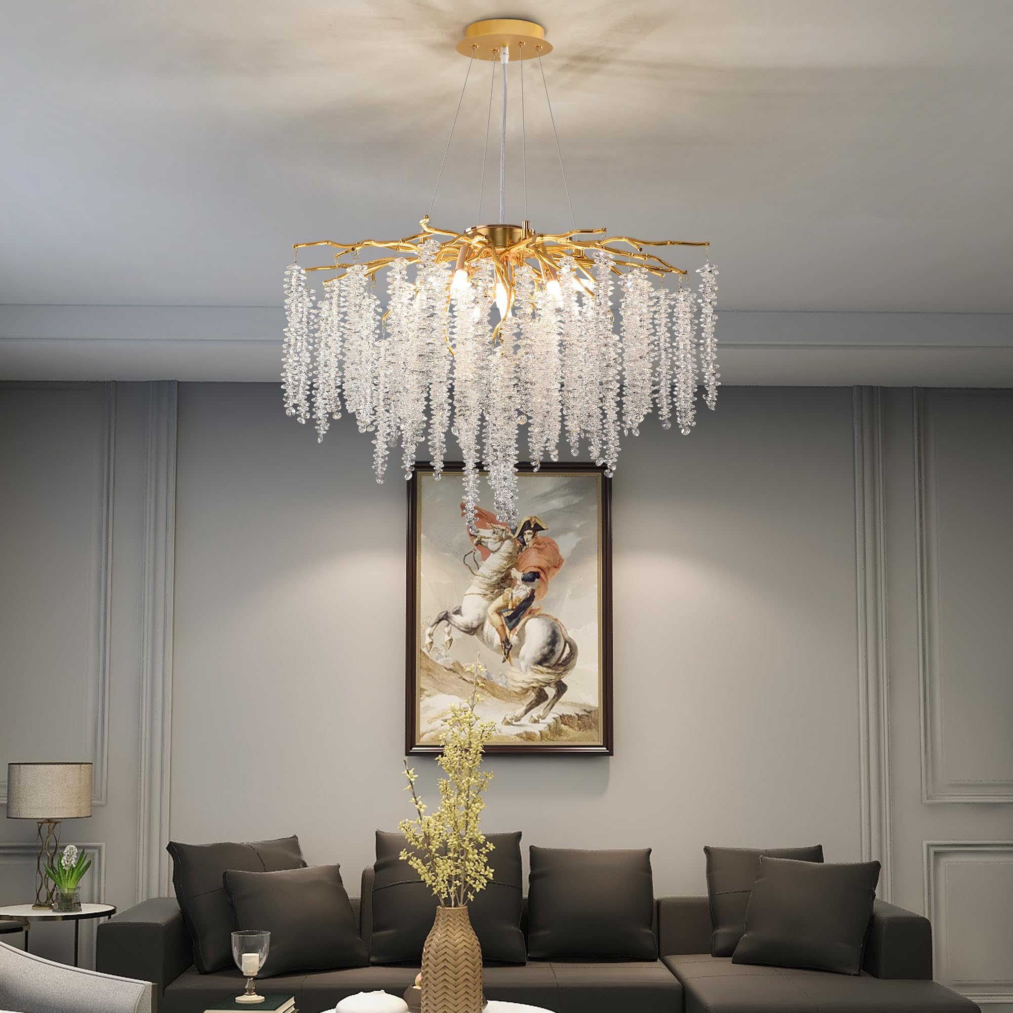 Modern Crystal Raindrop Chandelier, L40'' Black Linear Rectangle Art Deco Tree Branch Lighting Fixture for Kitchen Island Living Room Foyer Staircase 10 Lights