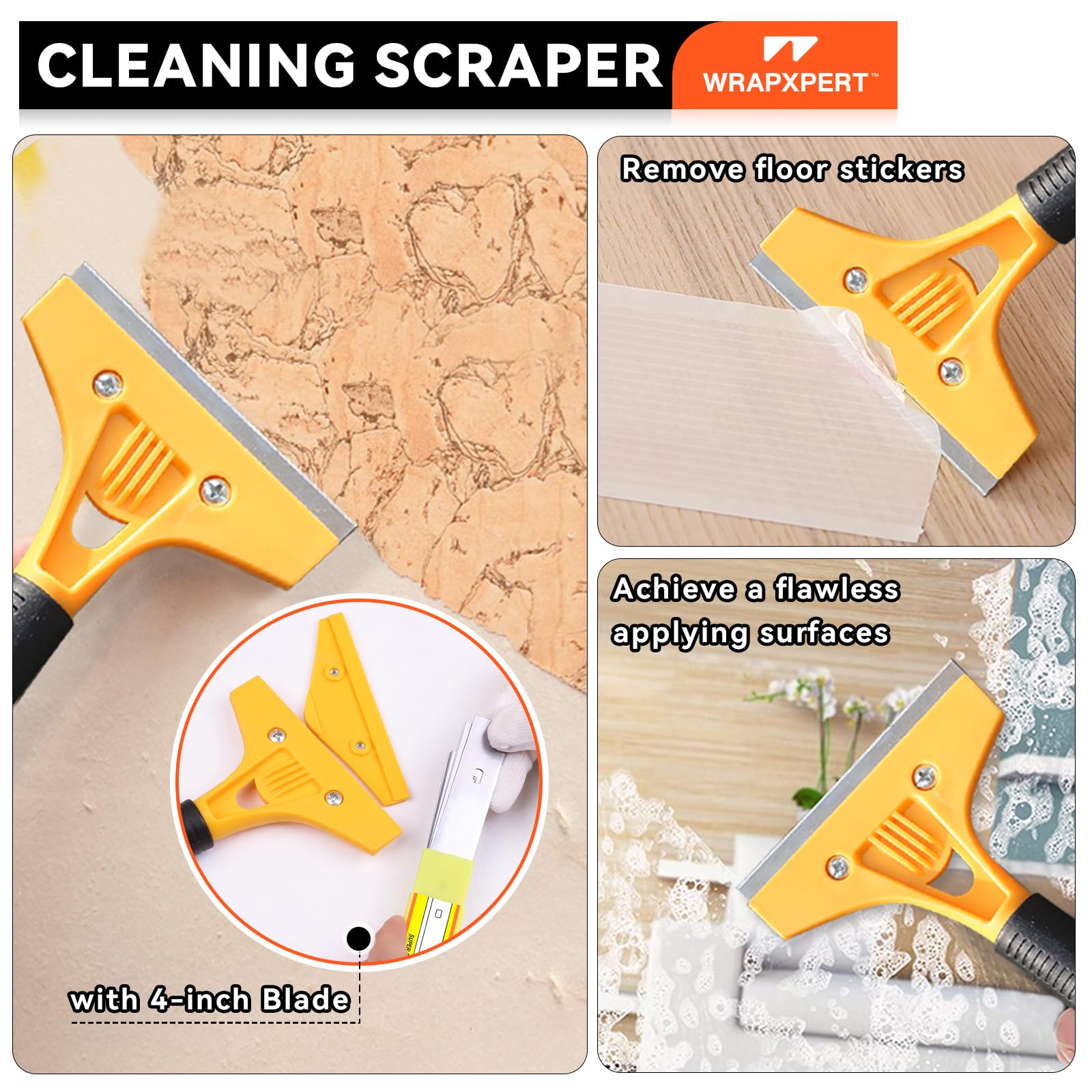WRAPXPERT Wallpaper Tools, Smoothing Tool Kit for Peel and Stick Wallpaper/Contact Paper/Vinyl Backsplash Applying, with Squeegee Smoother, Seam Roller, Razor Scraper, Knife and Blades