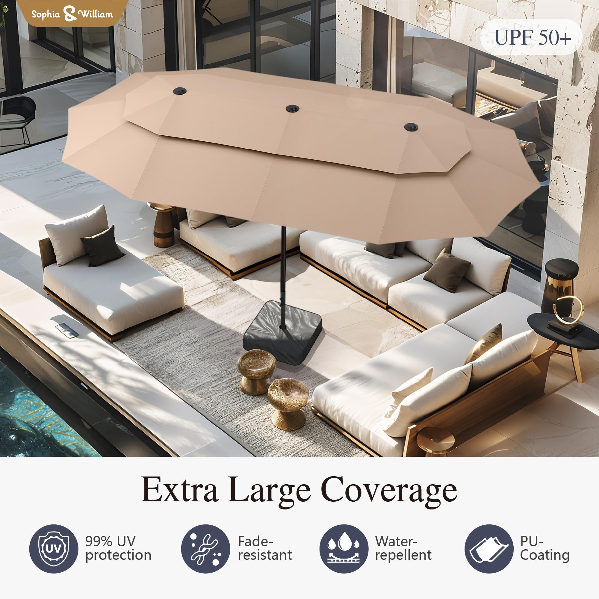 Sophia & William 15 ft Extra Large Patio Umbrella with Base Included, Rectangular Outdoor Umbrella Heavy Duty, Market Umbrella Double-sided Fade Resistant for Pool Garden Backyard, Beige