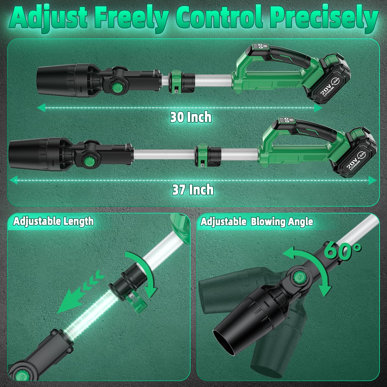 KIMO Leaf Blower Cordless with Battery and Charger, 540CFM/220MPH, Precision Adjustment Handle, 3Speeds w/ Visual Panel, Lightweight, 2 Extended Tube, 2* 2.0 Battery Powered Leaf Blowers for Lawn Care