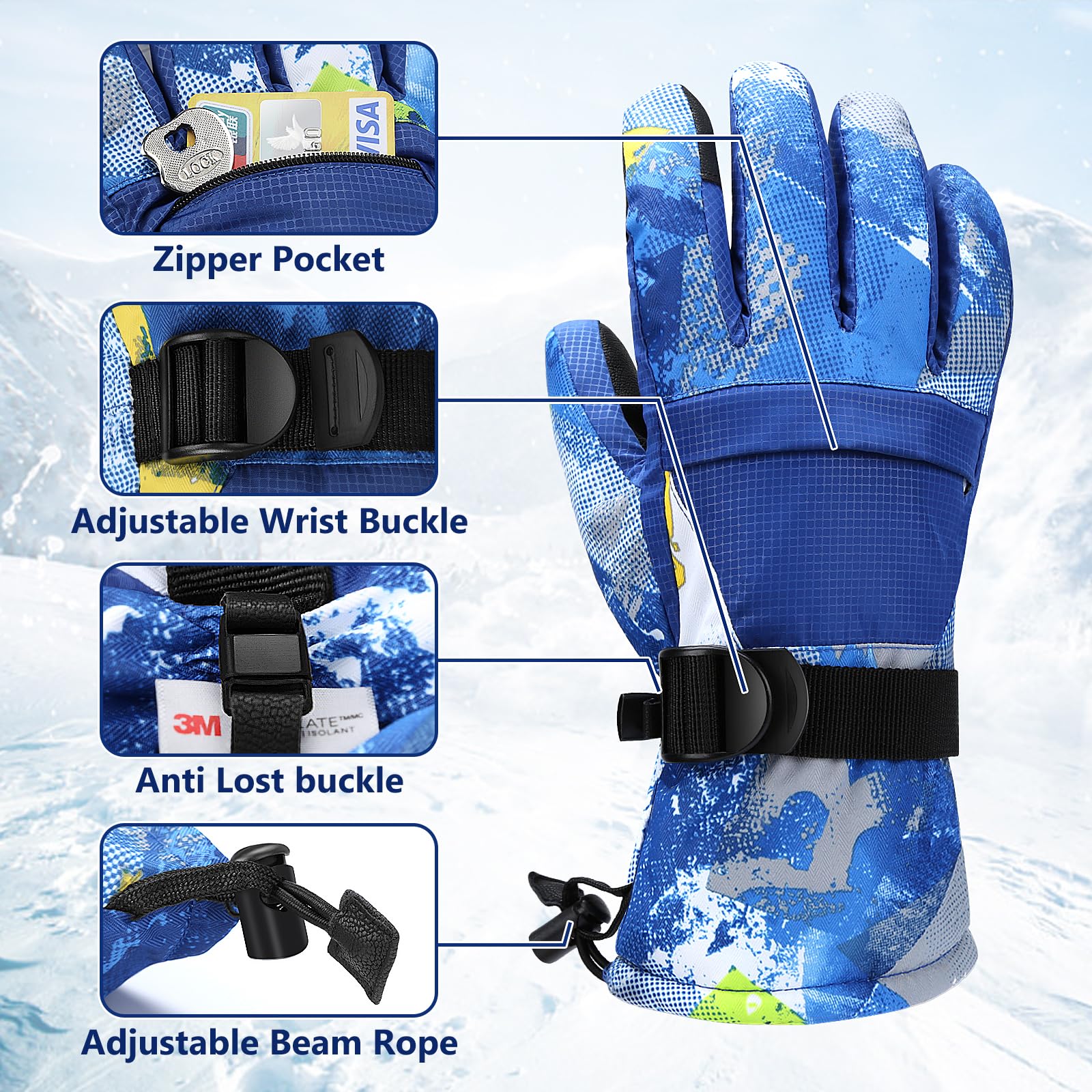 Ski Gloves,Snow Gloves Waterproof Winter Warm Cold Weather Touchscreen Gloves for Parent& Child Kids Skiing,Snowboarding