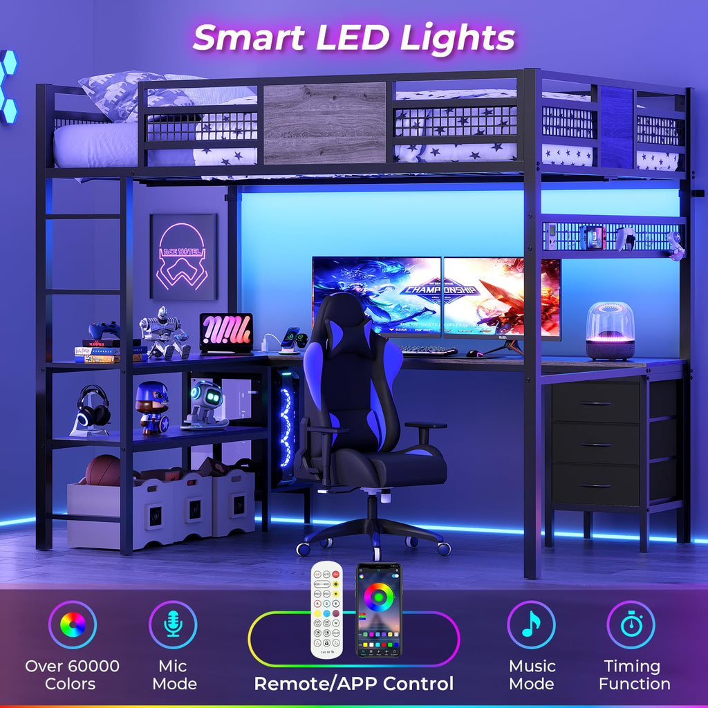 ADORNEVE Loft Bed Full Size with L-Shaped Desk, 3 Storage Drawers, Power Outlet, 3 Storage Shelves, Metal Loft Bed Frame with RGB Lights, Bed with Safety Guardrail & Ladders,Space-Saving, Grey