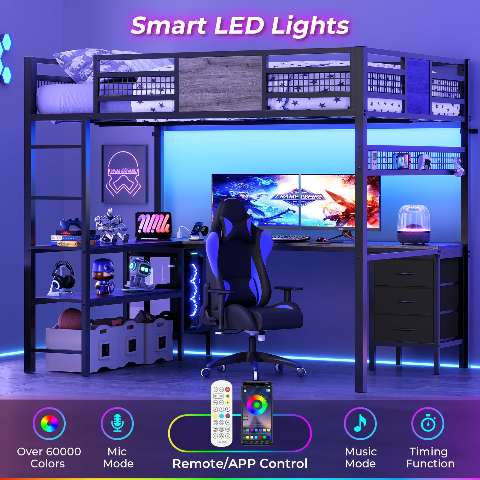 ADORNEVE Loft Bed Full Size with L-Shaped Desk, 3 Storage Drawers, Power Outlet, 3 Storage Shelves, Metal Loft Bed Frame with RGB Lights, Bed with Safety Guardrail & Ladders,Space-Saving, Grey