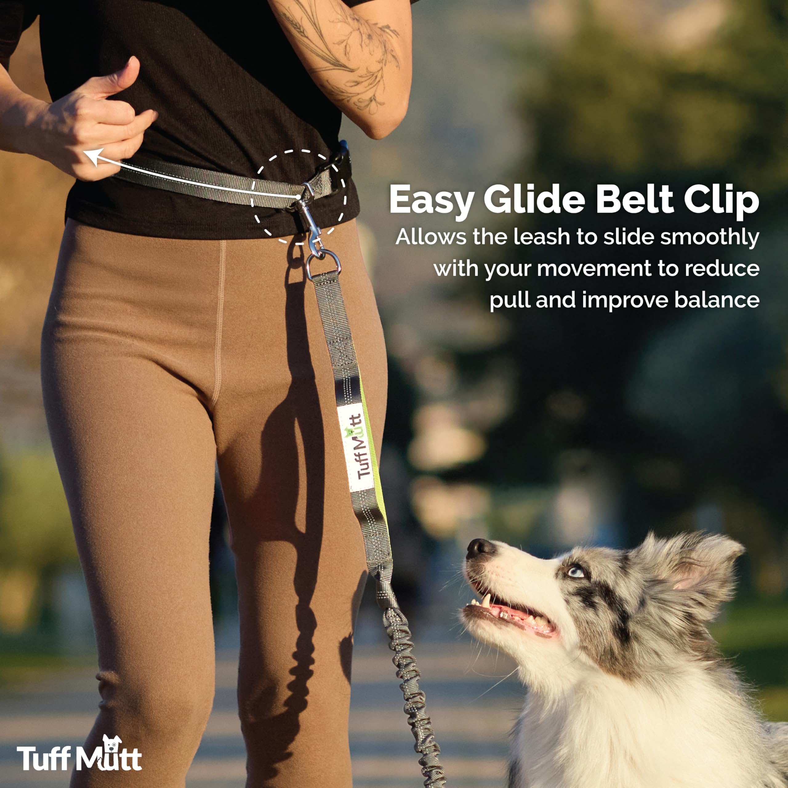 Tuff Mutt Hands-Free Waist Leash for Dog Walking, Running and Hiking, Carabiner Clip, Adjustable Belt with Double Handle, Reflective Bungee Design for Large & Medium Dogs