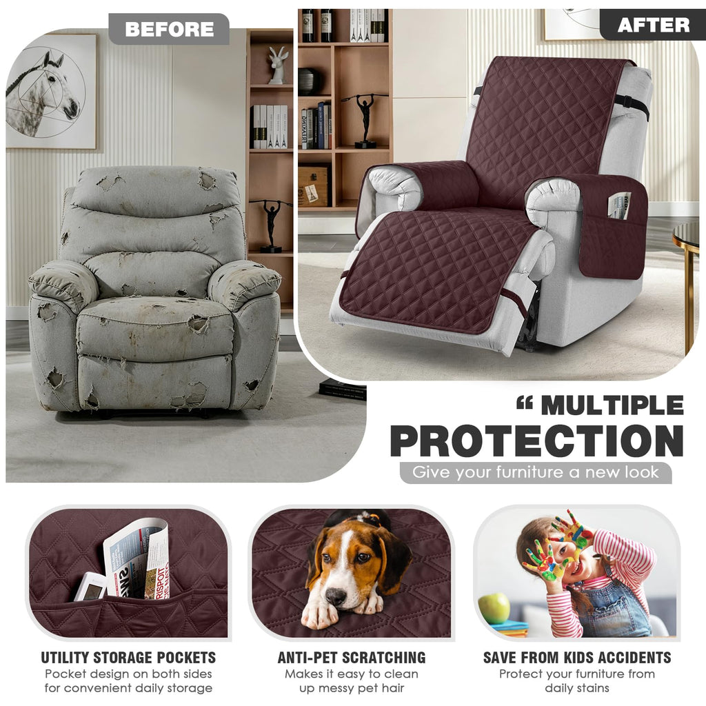 TAOCOCO 100% Waterproof Recliner Chair Covers, Reversible Recliner Covers with Leg Straps, Washable Recliner Sofa Covers for Reclining Chair Furniture Dog Protector with Pocket (Black, 23.6'')