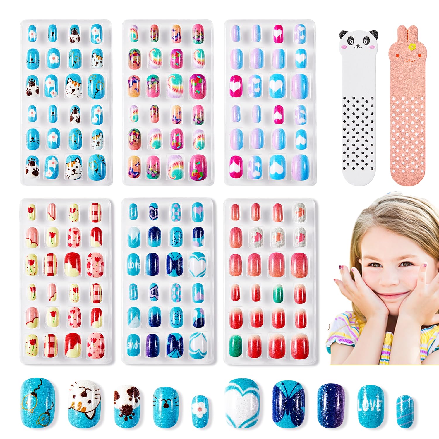 Modelones Press on Nails for Kids 144Pcs 6 Pack Children Acrylic Fake Nails Pre-glue Full Cover Glitter Gradient Color Heart Cat Short False Nail Art Kits Sets Christmas Gifts for Kids Girls