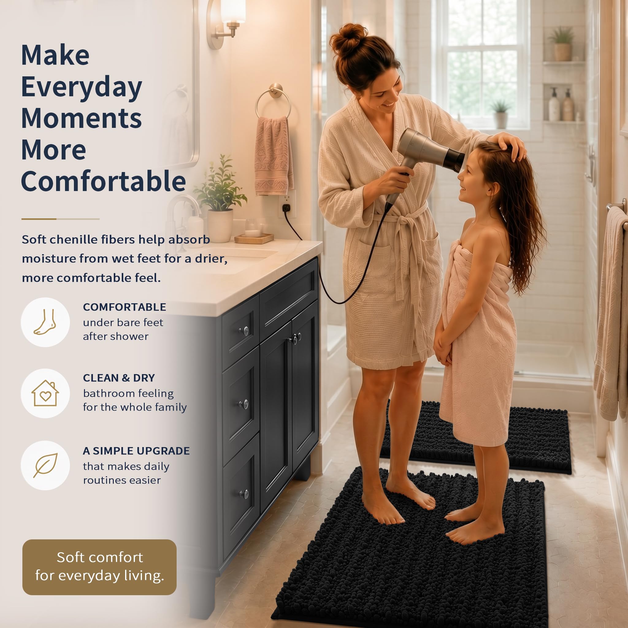 Yimobra Black Bathroom Rug Set 3 Piece - Super Absorbent Quick Dry Chenille Bath Mats & Toilet Rug, Non Slip Machine Washable, Extra Thick Shaggy Floor Mat for Shower Tub Sink