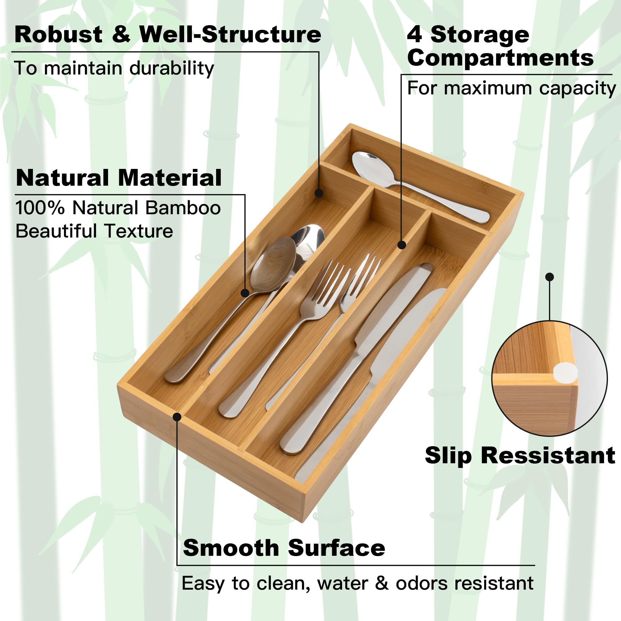 Acacia 4 Slot Silverware Drawer Organizer - Cutlery Holder with Flatware Tray