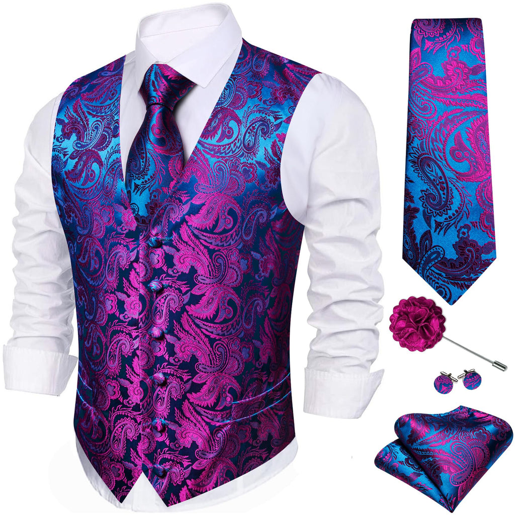 Barry.Wang Men's Suit Vest Formal/Leisure Paisley Jacquard Silk Tie Pocket Square Waistcoat Set Wedding 5PCS