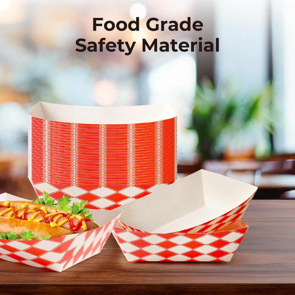Fit Meal Prep [250 Pack 0.25 lb Paper Food Boats Heavy Duty Disposable Food Trays, Red Check Nacho Tray for Parties Fairs Picnics Carnivals, Holds Ketchup Cheese Sauce Pickles