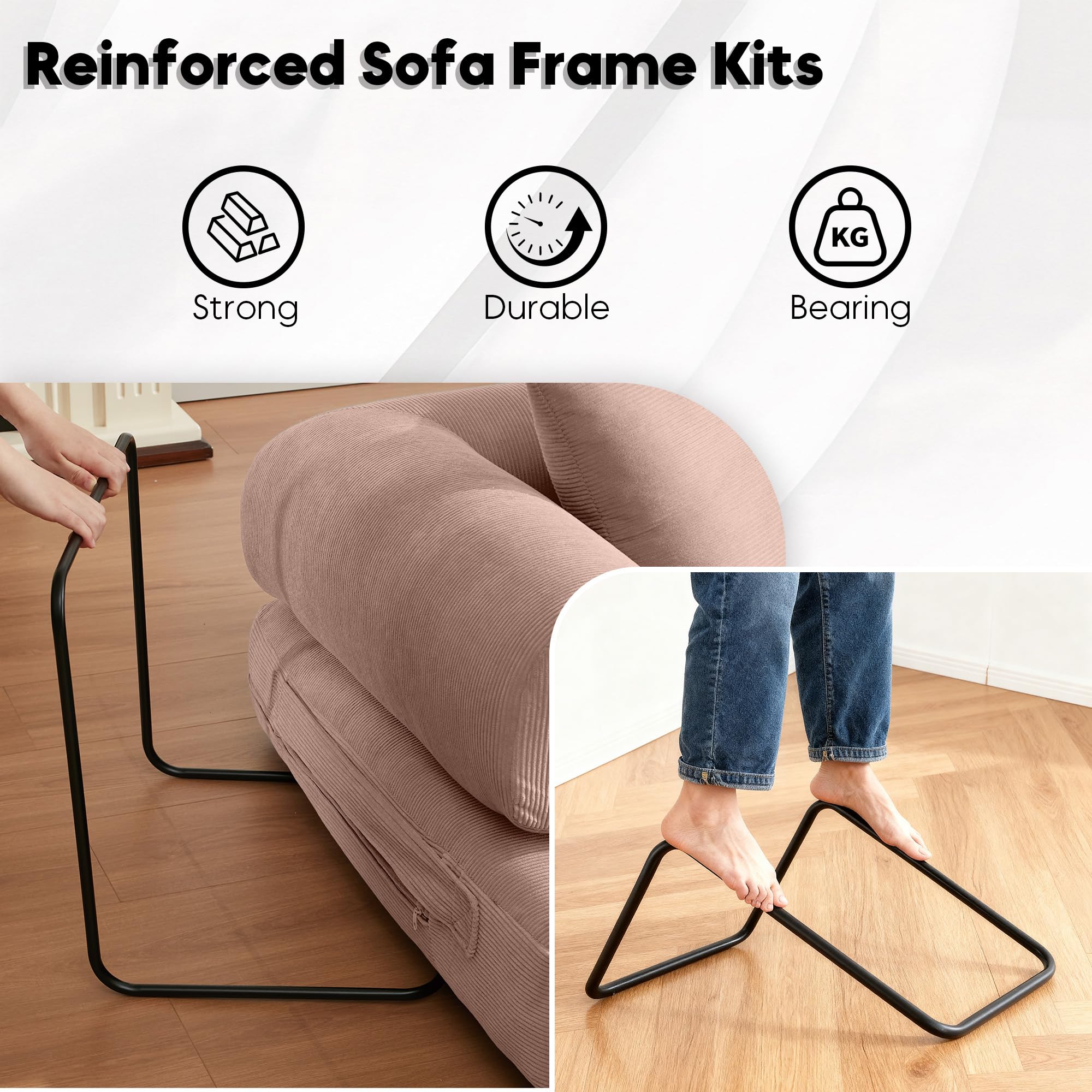 ZEIINPA 59“ Convertible Floor Sofa Bed, 5-in-1 Futon Sofa Bed Pull Out Sleeper Couch, Modern Corduroy Compressed Loveseat, Modular Boneless Couches for Living Room, No Assembly Required, Beige