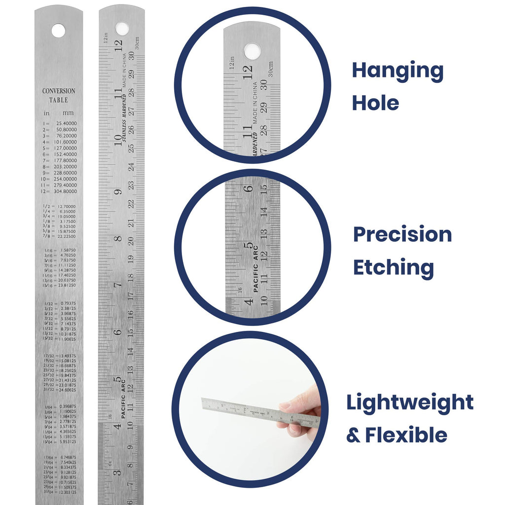 2 Pack Pacific Arc 12 Inch Stainless Steel Ruler with Inch/Metric Conversion Table