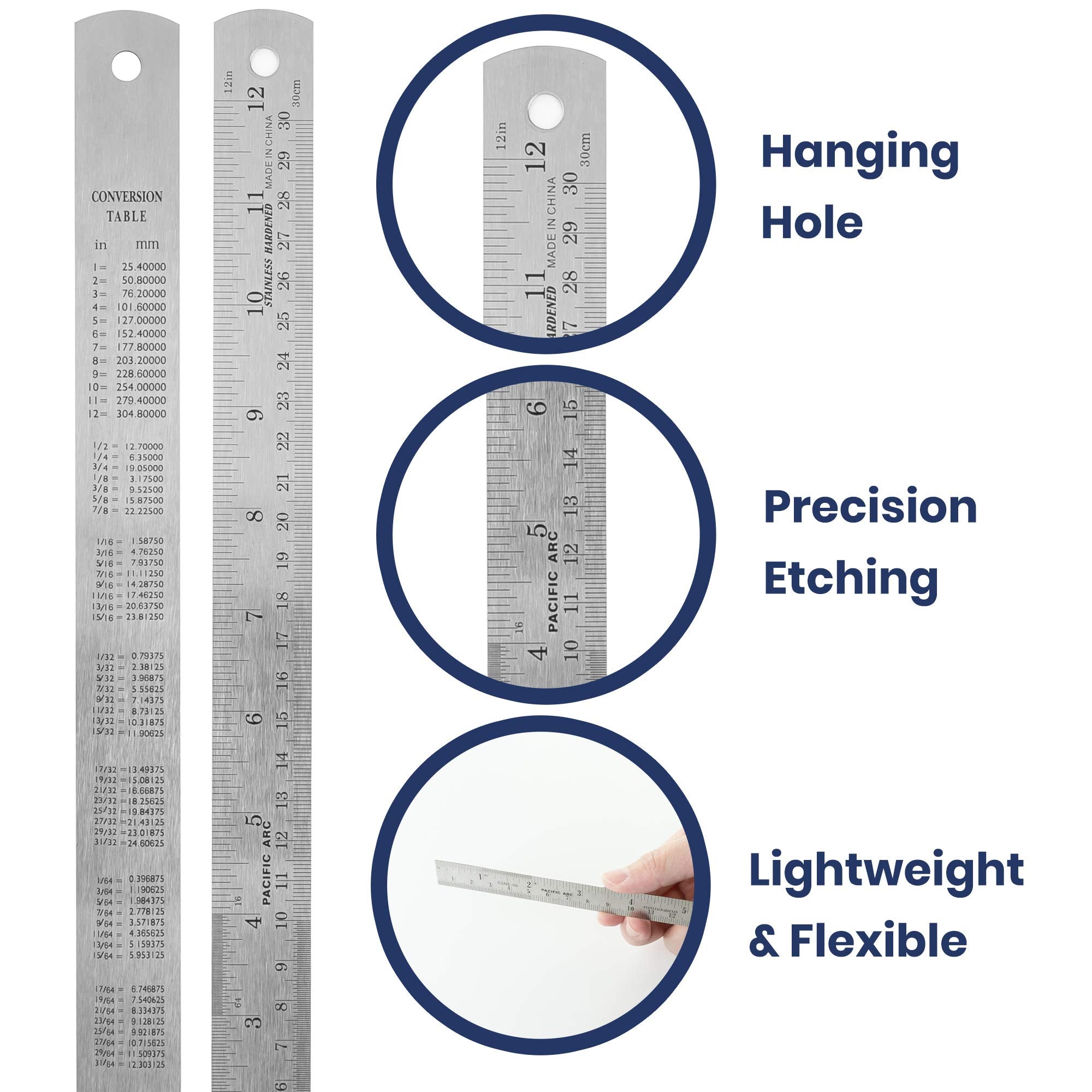 2 Pack Pacific Arc 12 Inch Stainless Steel Ruler with Inch/Metric Conversion Table