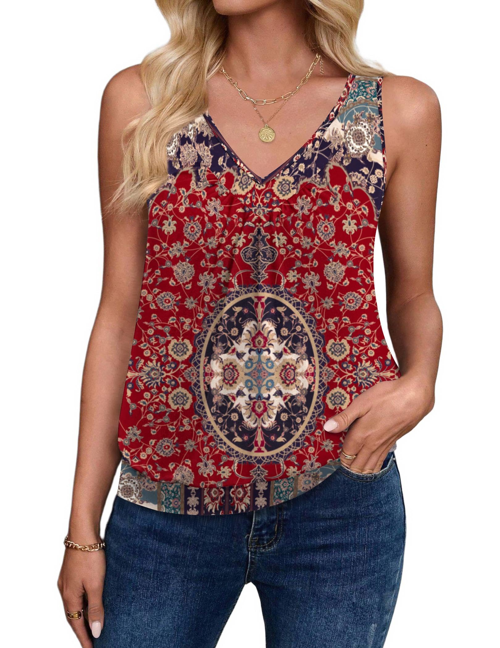 Zeagoo Womens Tank Tops Loose Fit V Neck Ruched Sleeveless Tops Casual Basic Banded Shirts S-XXL