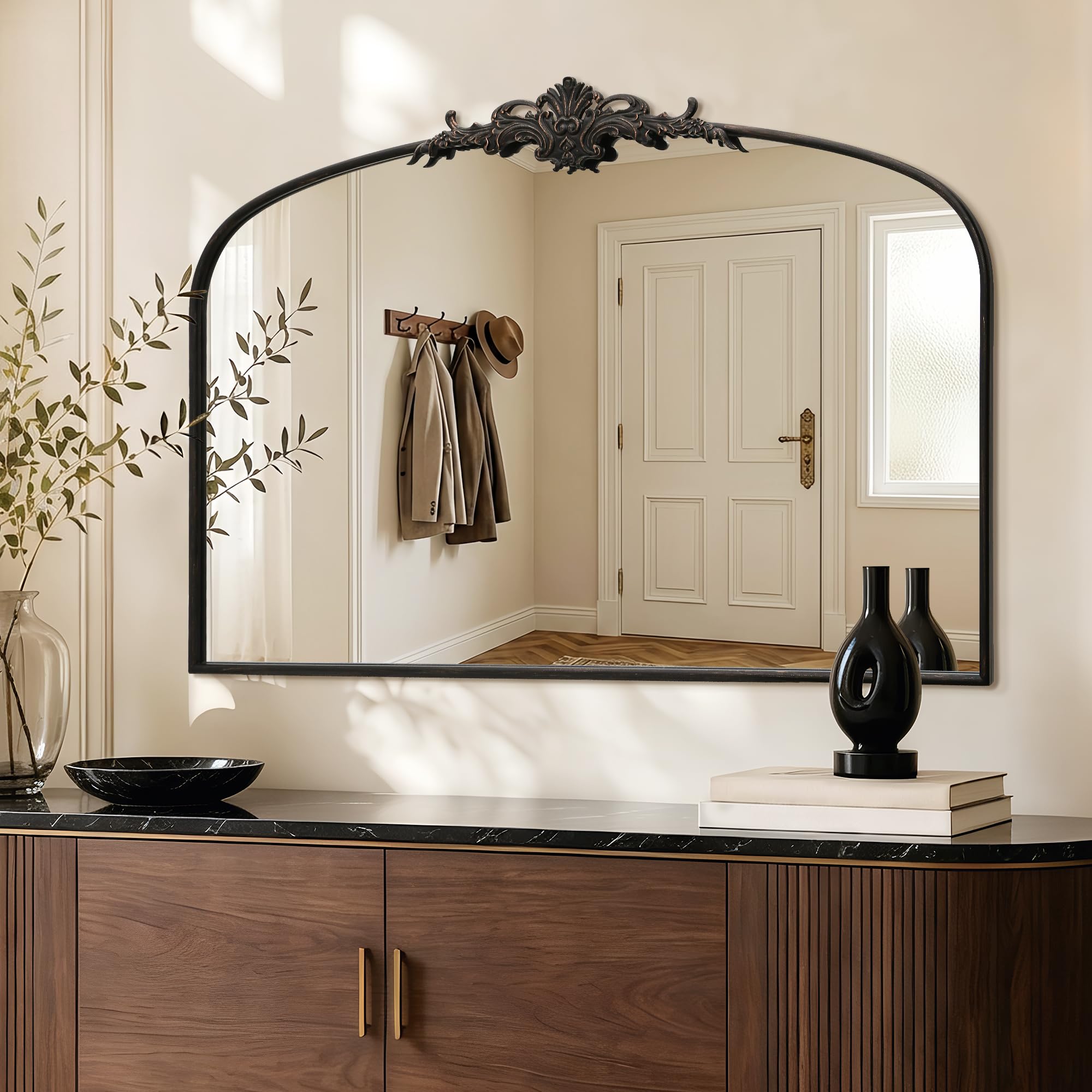 Besdomus Vintage Arched Black Mirror: 32"x24" French Large Black Vintage Wall Mirror - Baroque Traditional Ornate for Living Room/Fireplace/Bathroom- Ideal Gifts for Housewarming/Birthday