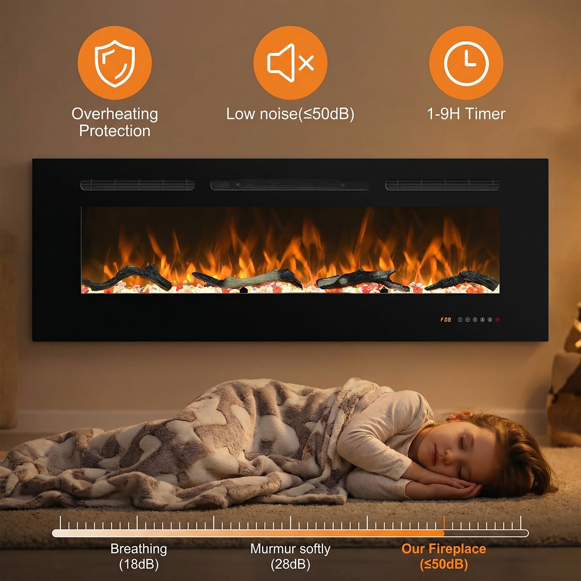 Electric Fireplace 30 inch Wide, Wall Mounted Fireplace Inserts Electric Heater, 13 * 13 Flame Effects Like Real Flame, Low Noise, Timer & Thermostat Setting, 750W/1500W, Black