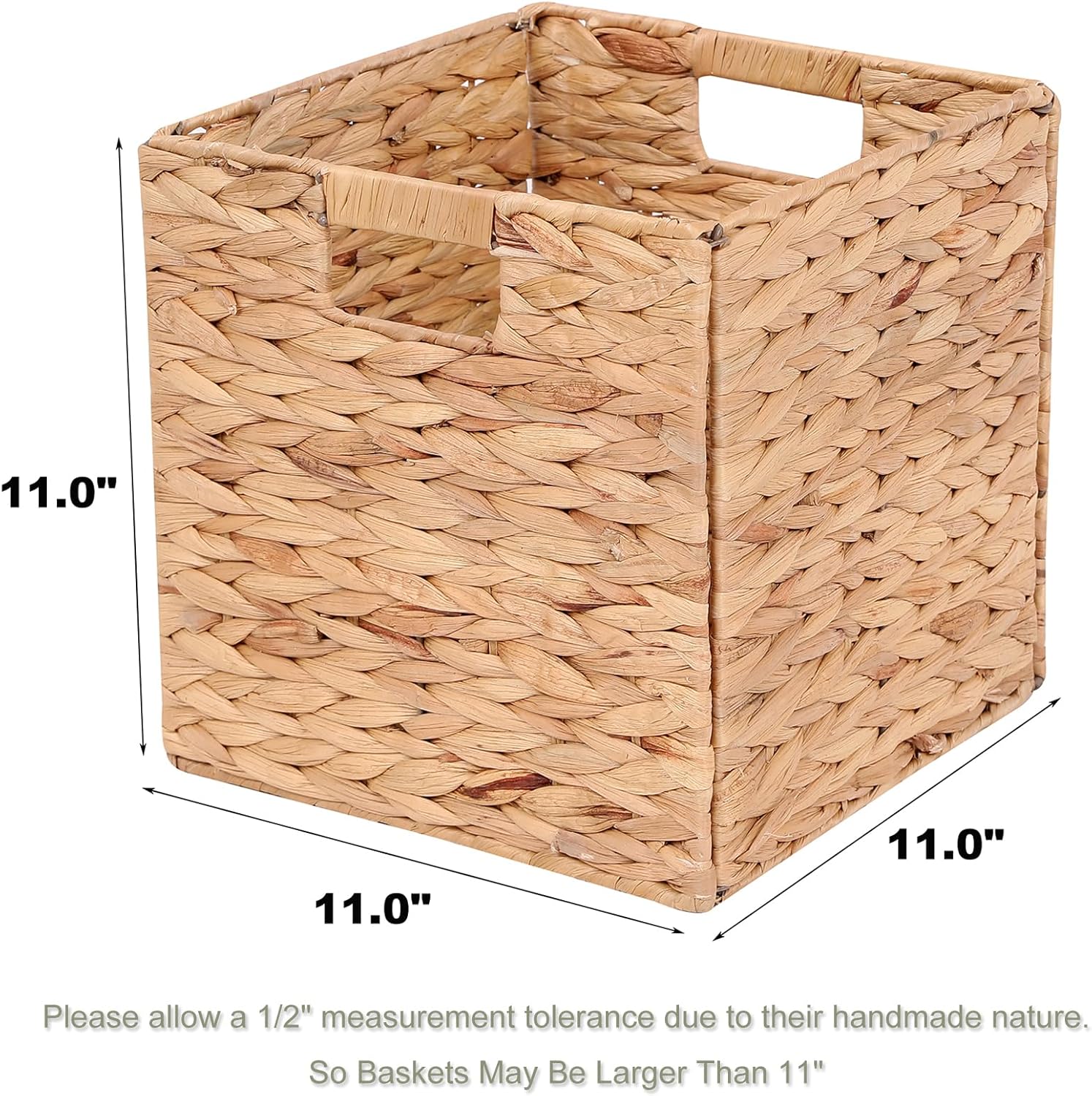Water Hyacinth Storage Baskets 11x11x11 Inch Wicker Storage Cubes Set of 2Baskets,Handwoven Foldable Wicker Cubes with Sturdy Handles, Rustic Laundry Organizer for Bedroom Shelves, Kitchen, Bathroom