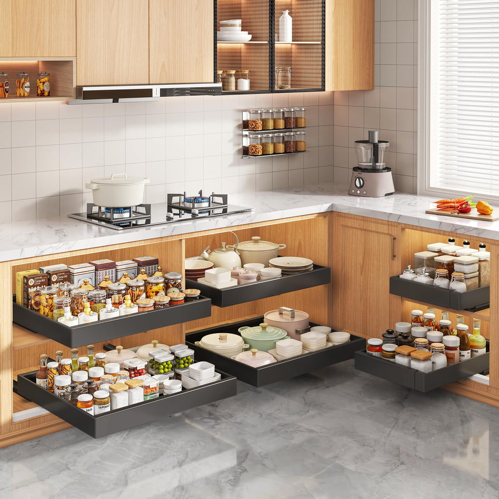 Seinloes 4 Pack Pull Out Cabinet Organizers 21" Deep With Raising Pad for Framed Cabinets, Expandable Width (15.2"-26.3") Slide Out Drawers Upgrade 3 Slide Rails, Roll Out Shelves Adhesive, Black