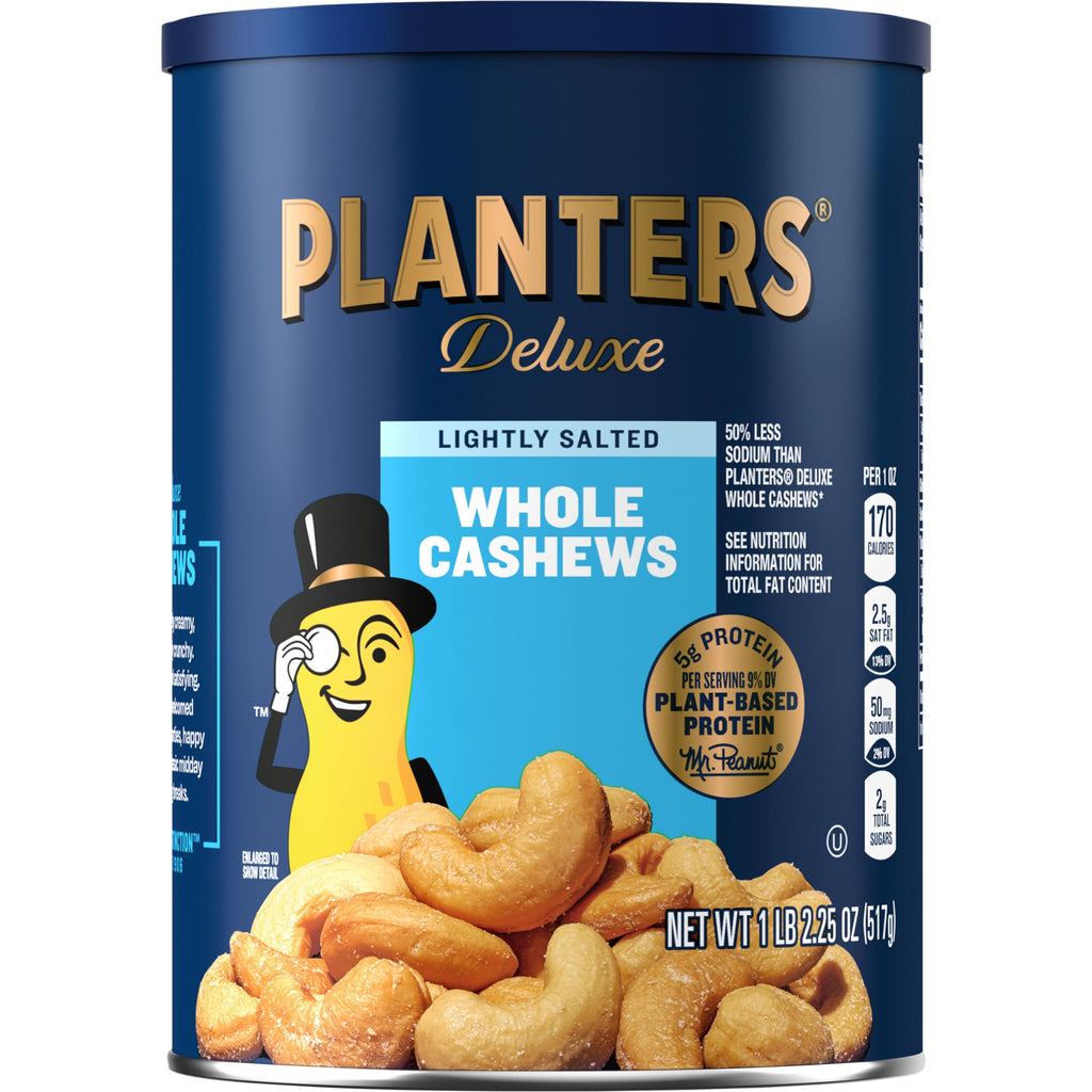 PLANTERS Deluxe Lightly Salted Whole Cashews, 18.25 oz. Resealable Container - Lightly Salted Cashews & Lightly Salted Nuts - Snacks for Adults & Kids - Vegan Snacks, Kosher
