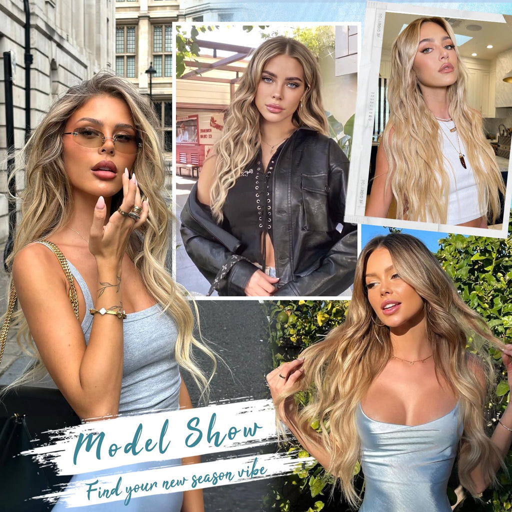 KooKaStyle Clip in Synthetic Hair Extensions Long Wavy 4PCS Thick Hairpieces Balayage Chocolate Brown to Caramel Blonde 10H26 Fiber Double Weft Natural Hair Extensions 16 Inch for Women