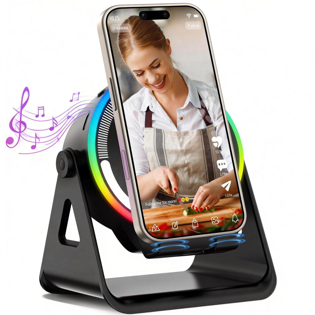 Wireless Induction Speaker, 5-in-1 Bluetooth 5.3 Phone Stand with 360° Rotation & RGB Ambient Light - Cool Tech Gadgets Gifts for Men Women Dad Mom - Compatible iPhone/Android/iPad/Samsung (Black)