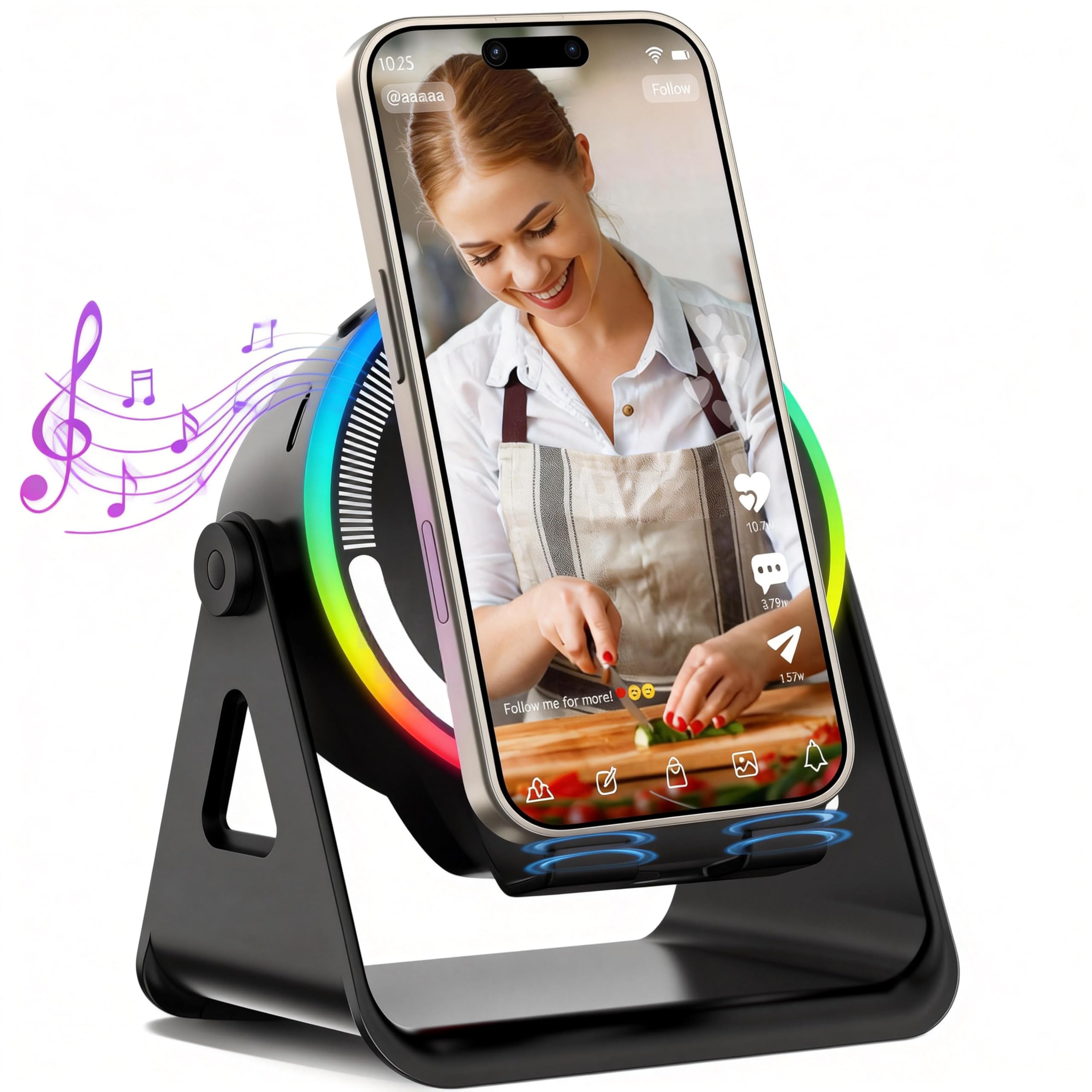 Wireless Induction Speaker, 5-in-1 Bluetooth 5.3 Phone Stand with 360° Rotation & RGB Ambient Light - Cool Tech Gadgets Gifts for Men Women Dad Mom - Compatible iPhone/Android/iPad/Samsung (Black)
