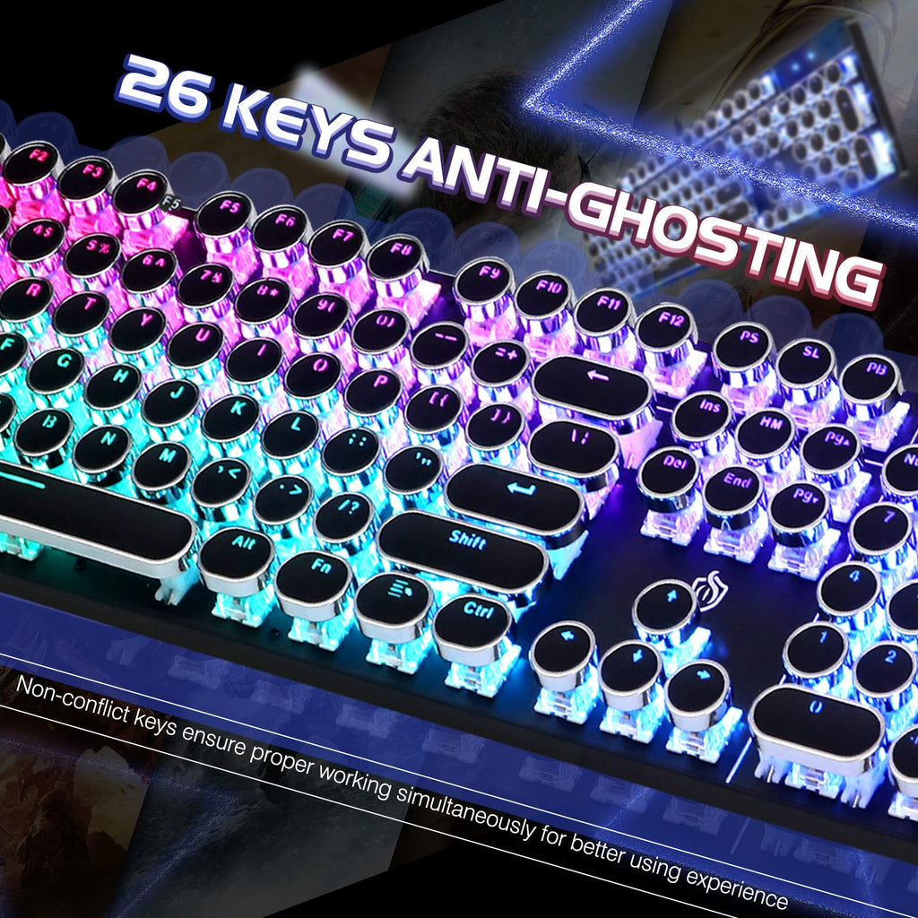 YSCP Typewriter Style Mechanical Gaming Keyboard RGB Backlit Wired with Blue Switch Retro Round Keycap 104 Keys Keyboard (R-Black)