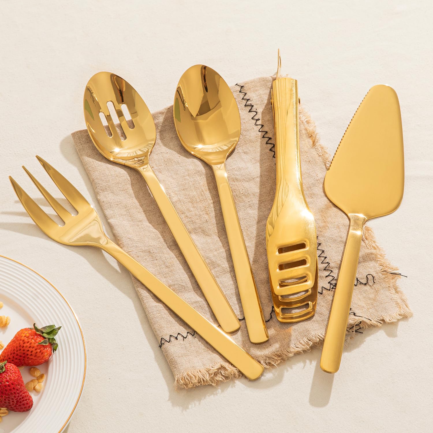 KINGSTONE Large Hostess Gold Serving Utensils Set,18/10 Stainless Steel Heavy Duty 10inch Serving Spoons,Slotted Spoons,Serving Fork,Serving Tongs, Cake Pie Server For Buffet, Wedding, Party