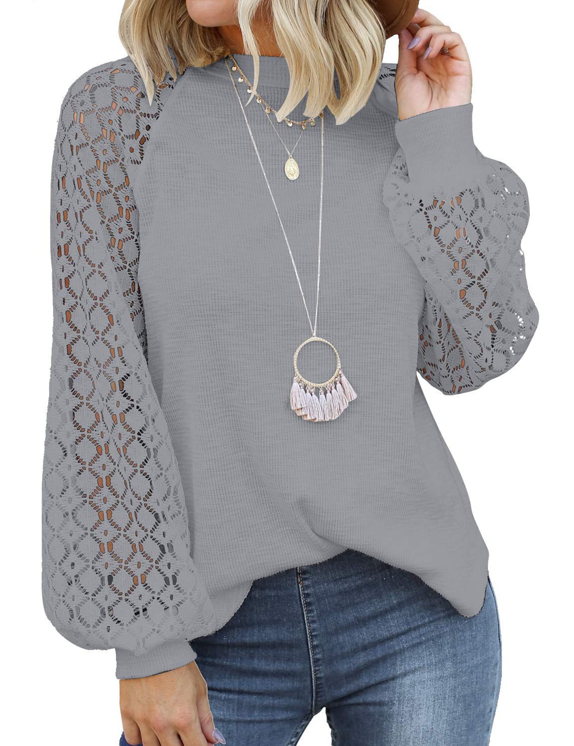 MIHOLL Women's Long Sleeve Tops Lace Casual Loose Blouses Shirts Dressy Outfits